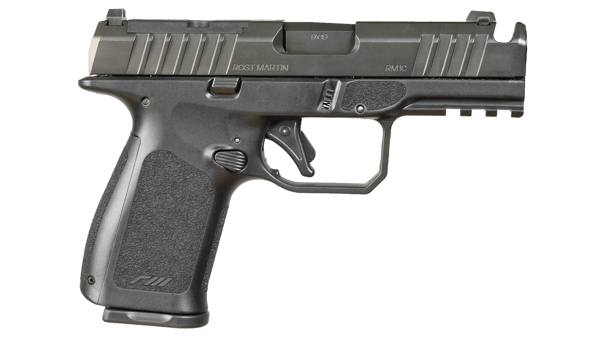 Right side of the all-black Rost Martin RM1C Comped pistol.