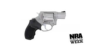 Taurus USA Model 327 stainless steel 2" revolver right-side view text on image noting "NRA GUN OF THE WEEK"