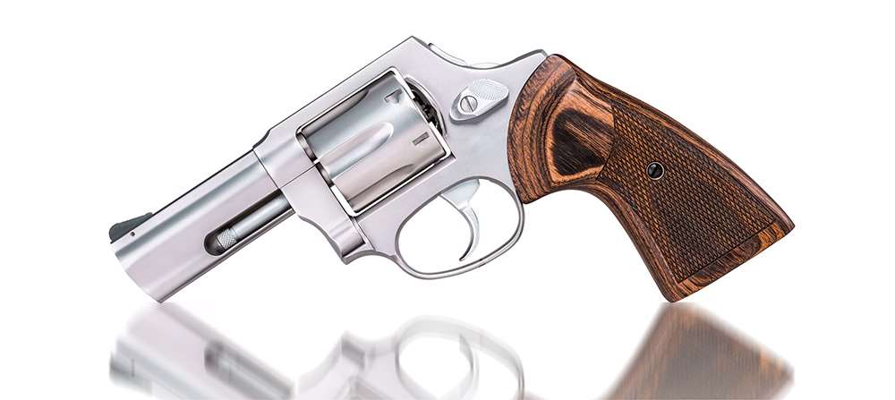 Taurus 856 Executive Grade left-side view stainless steel revolver wood grips stocks white background mirror reflection shadow