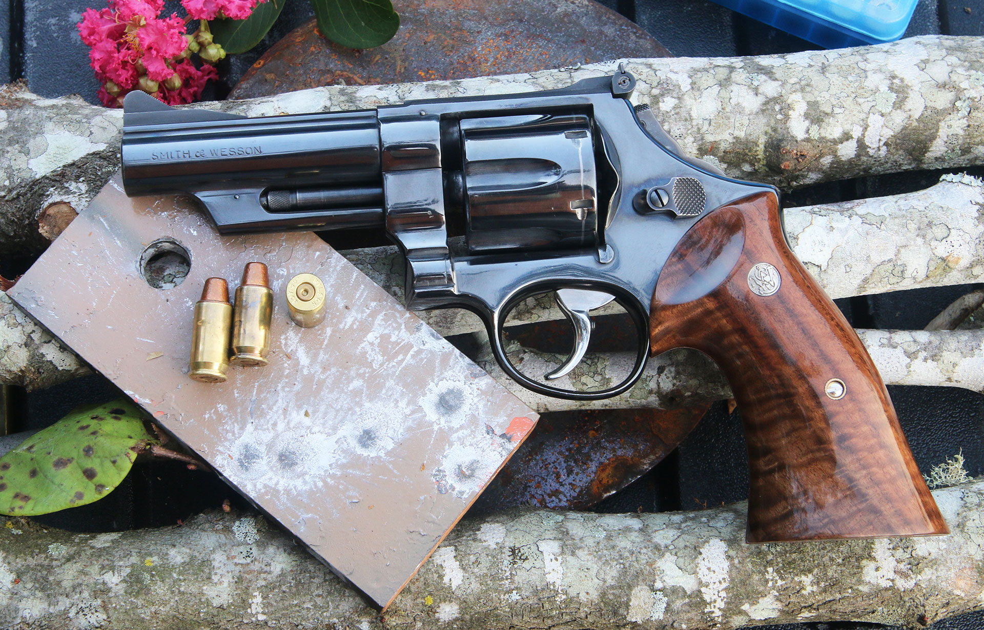 The author's custom Smith & Wesson 1955 Target, chambered in .45 ACP, with a set of Culina fiddleback claro walnut grips installed.