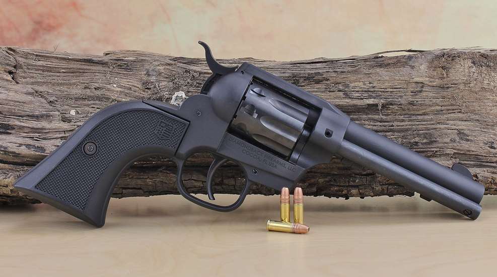 Diamondback Sidekick right-side view black double-action revolver table ammunition .22LR long rifle cartridge ammo gun wheelgun