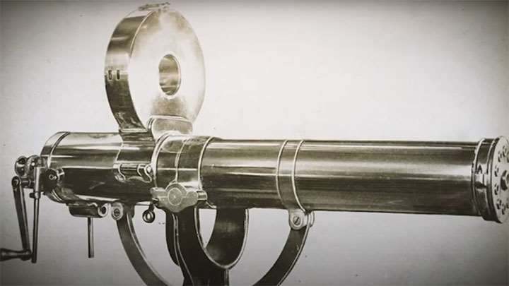 A manually operated Gatling gun.