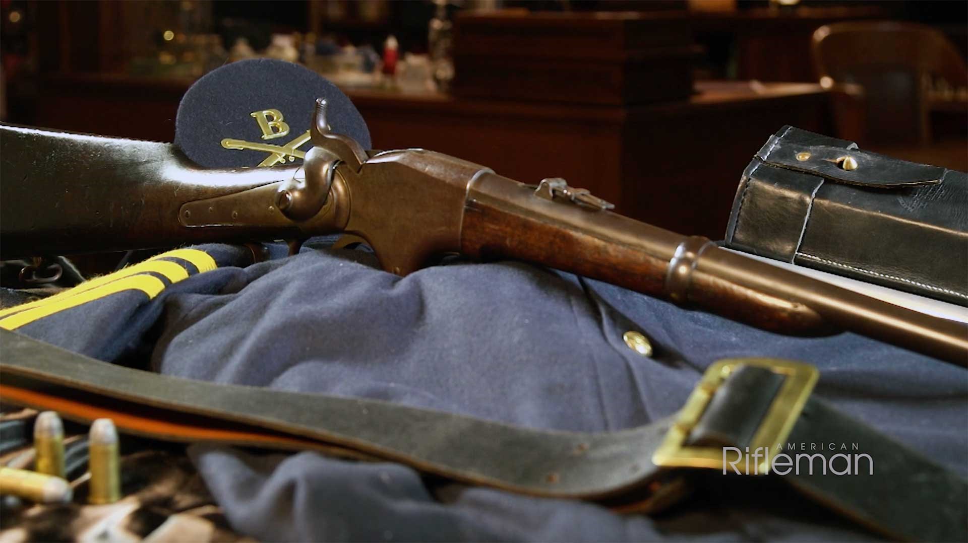 Model 1860 Spencer carbine resting on a Union Army cavalry jacket.