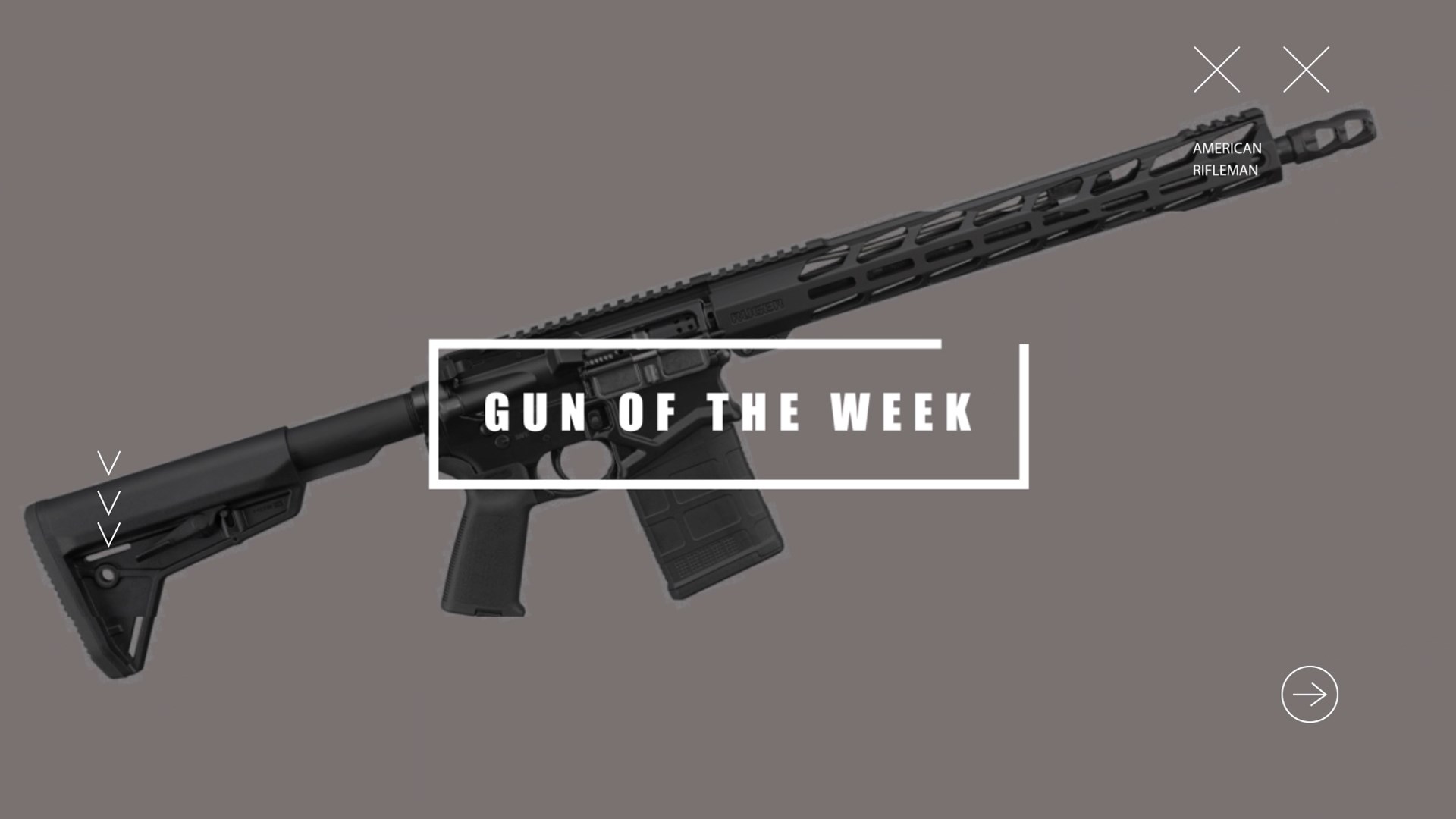 GUN OF THE WEEK title screen text overlay right-side view Ruger SFAR semi-automatic rifle black faded background