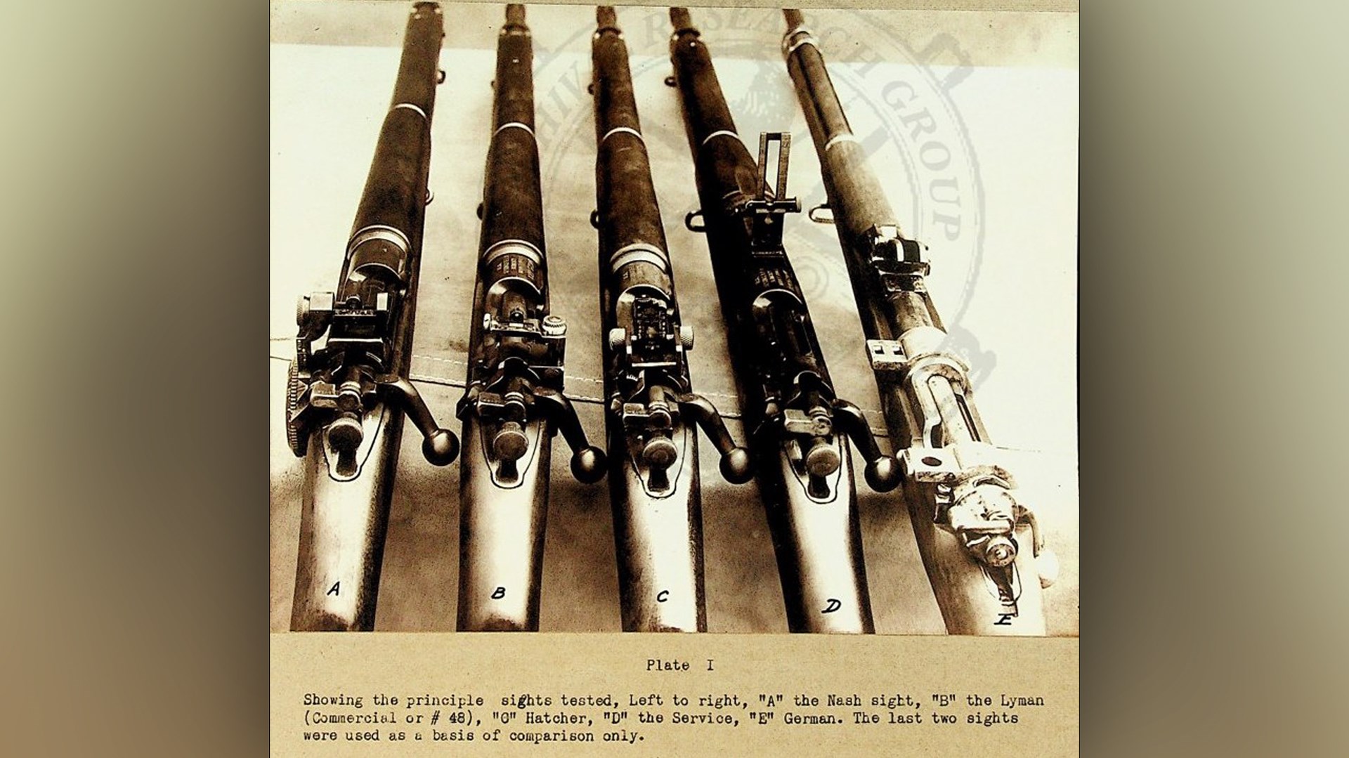 The primary tested aperture sights as viewed from the rear. The rifle mounting the Hatcher sight could easily be mistaken for a M1903A3 at a quick glance.