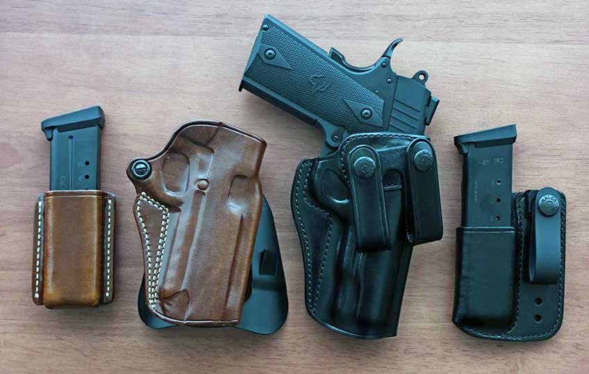 The Galco Guntheather Speed Master 2.0 Paddle belt holster in tan (left) and the Summer Comfort inside the waistband holster in black.