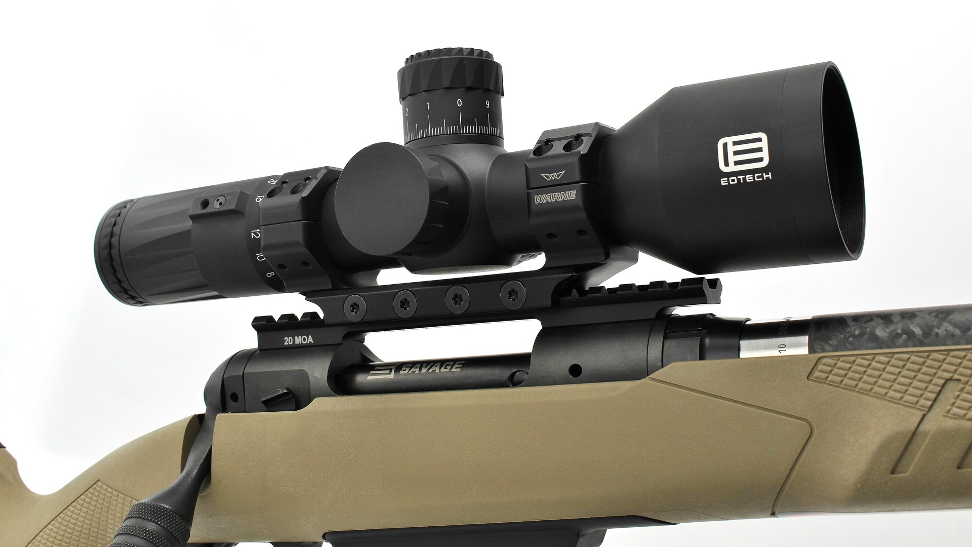 Savage 110 Carbon Tactical bolt-action rifle eotech black scope on top of receiver Picatinny rail