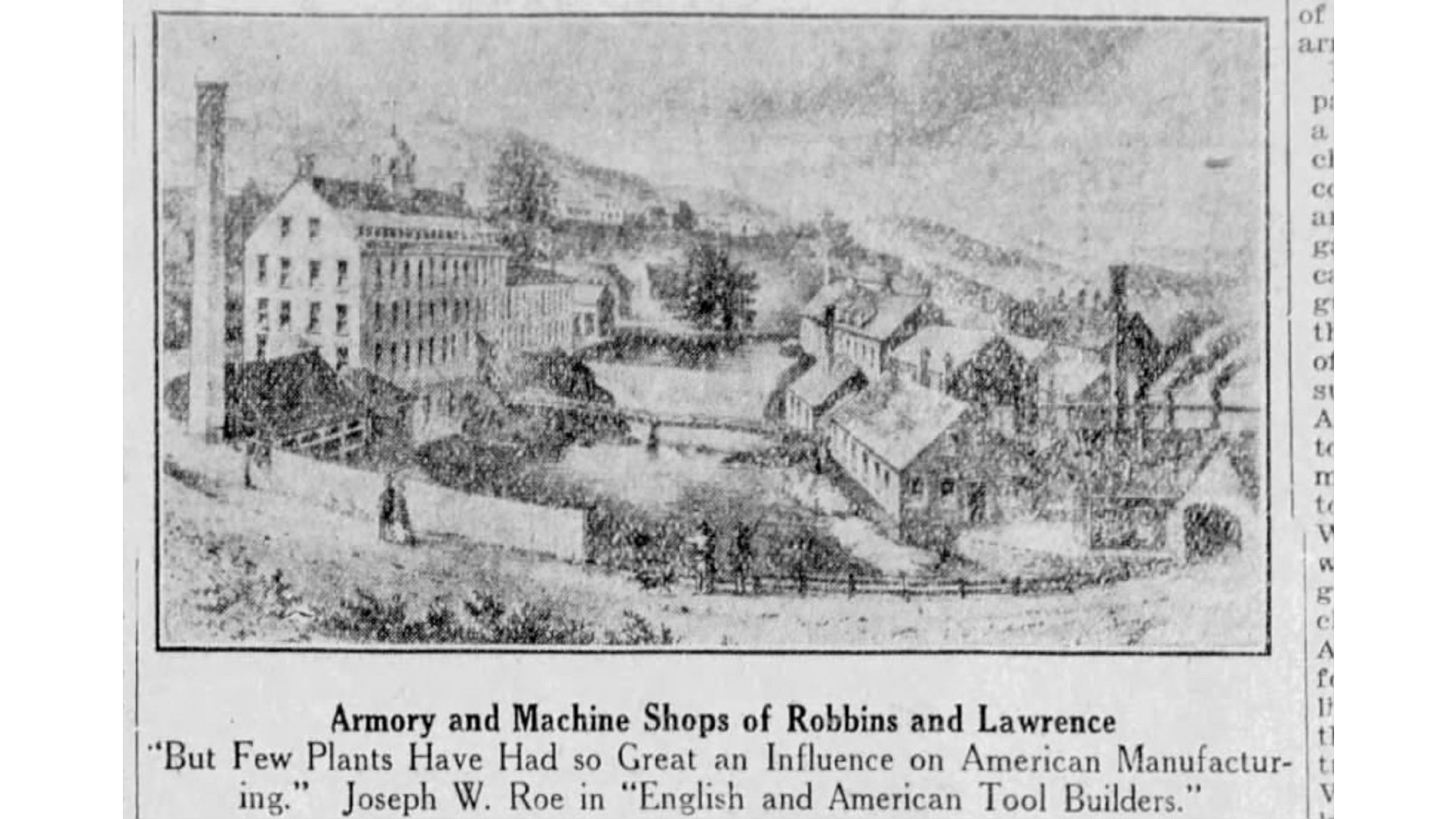 newspaper clipping with text black white image of armory and factories town text caption on image