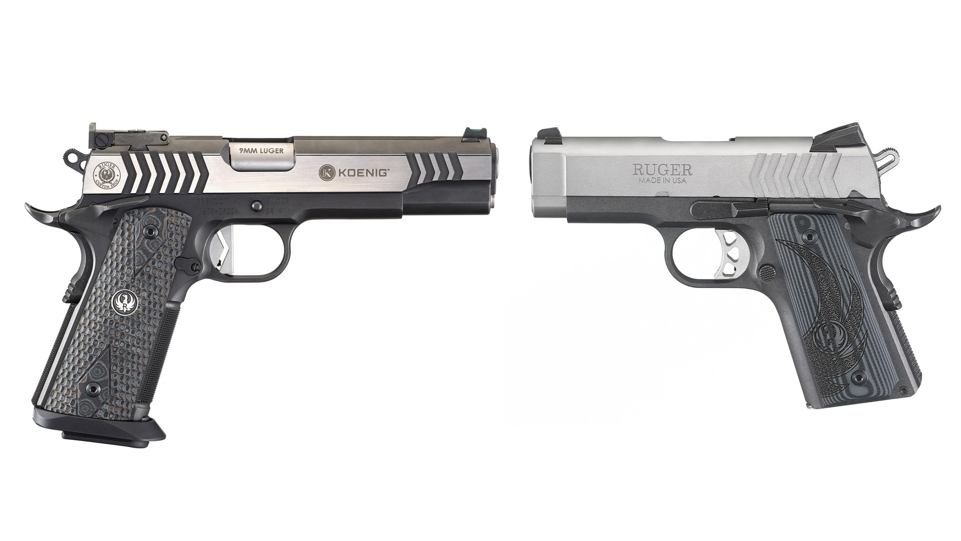 A full-size Ruger SR1911 compared to a compact SR1911.