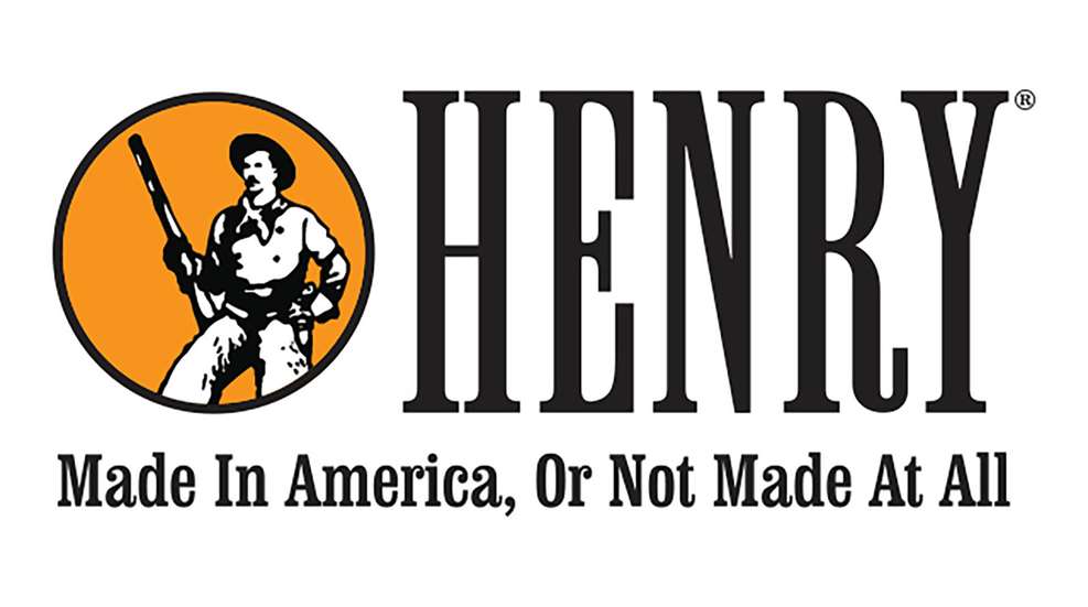Text logo "HENRY MADE IN AMERICA, OR NOT MADE AT ALL" man holding gun orange circle surrounding