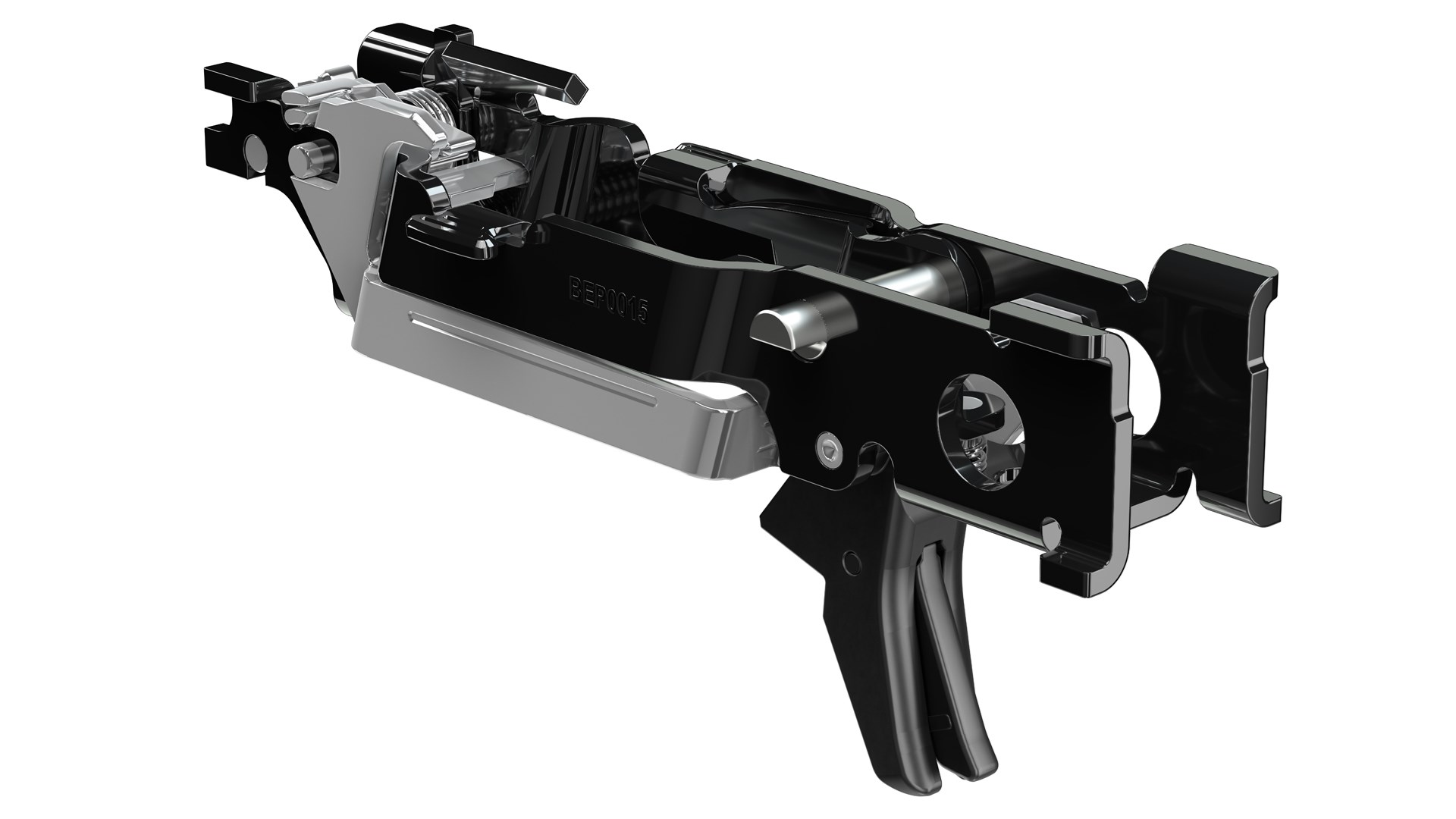 The metal chassis of the Springfield Armory Echelon, with an all-black trigger and a silver trigger bar.