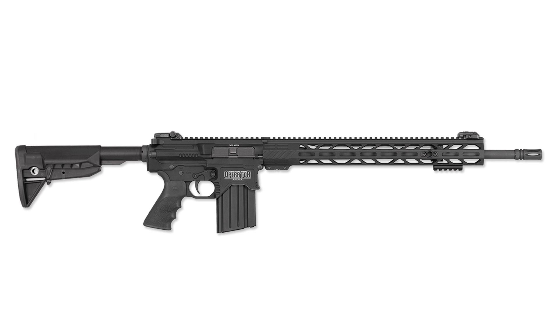 Right side of the RRA DMR Operator shown on white with a longer 20 inch barrel.