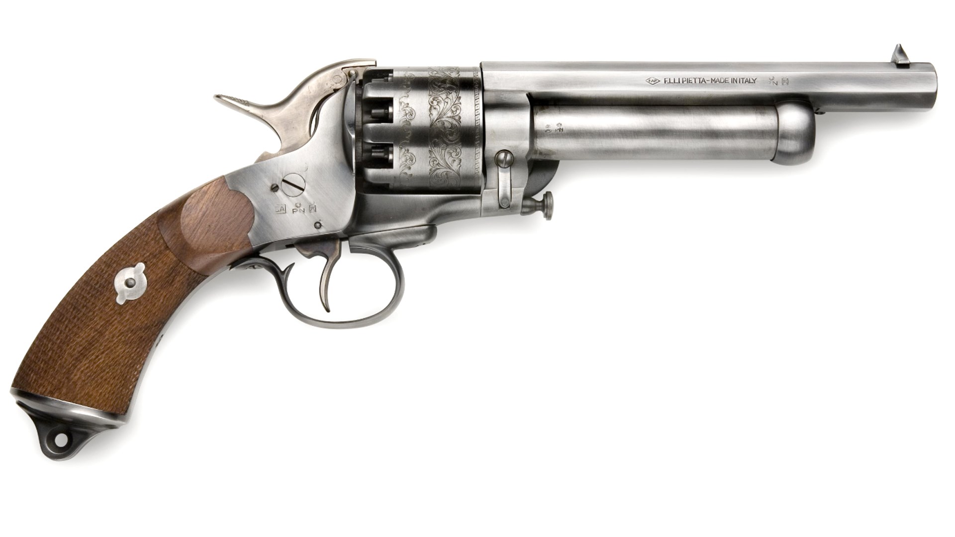 A Pietta LeMat revolver reproduction with an antiquated "Old West" finish.