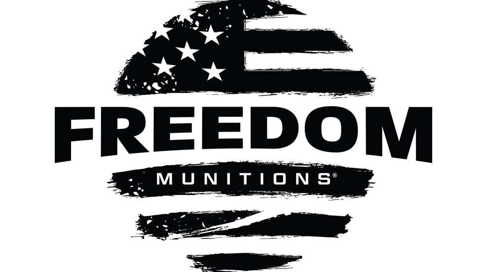 FREEDOM MUNITION text logo U.S. flag theme dark black ink