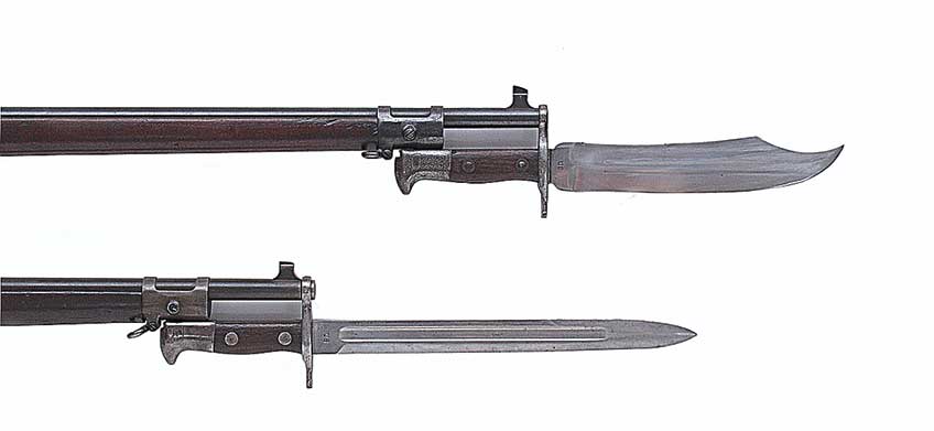 The Krags, unlike the Trapdoors, utilized knife bayonets. The “Bowie” (above) was experimental, while the -standard-issue Model 1892 bayonet (below) is mounted on a Constabulary Carbine.