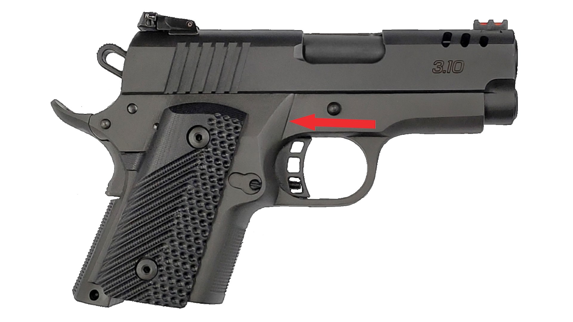 Right-side view of Rock Island Armory 3.10 pistol black 1911 red arrow illustrating frame thickness