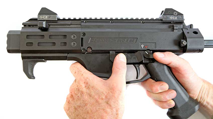 The bolt release on the CZ Scorpion can be found on the left side of the gun.