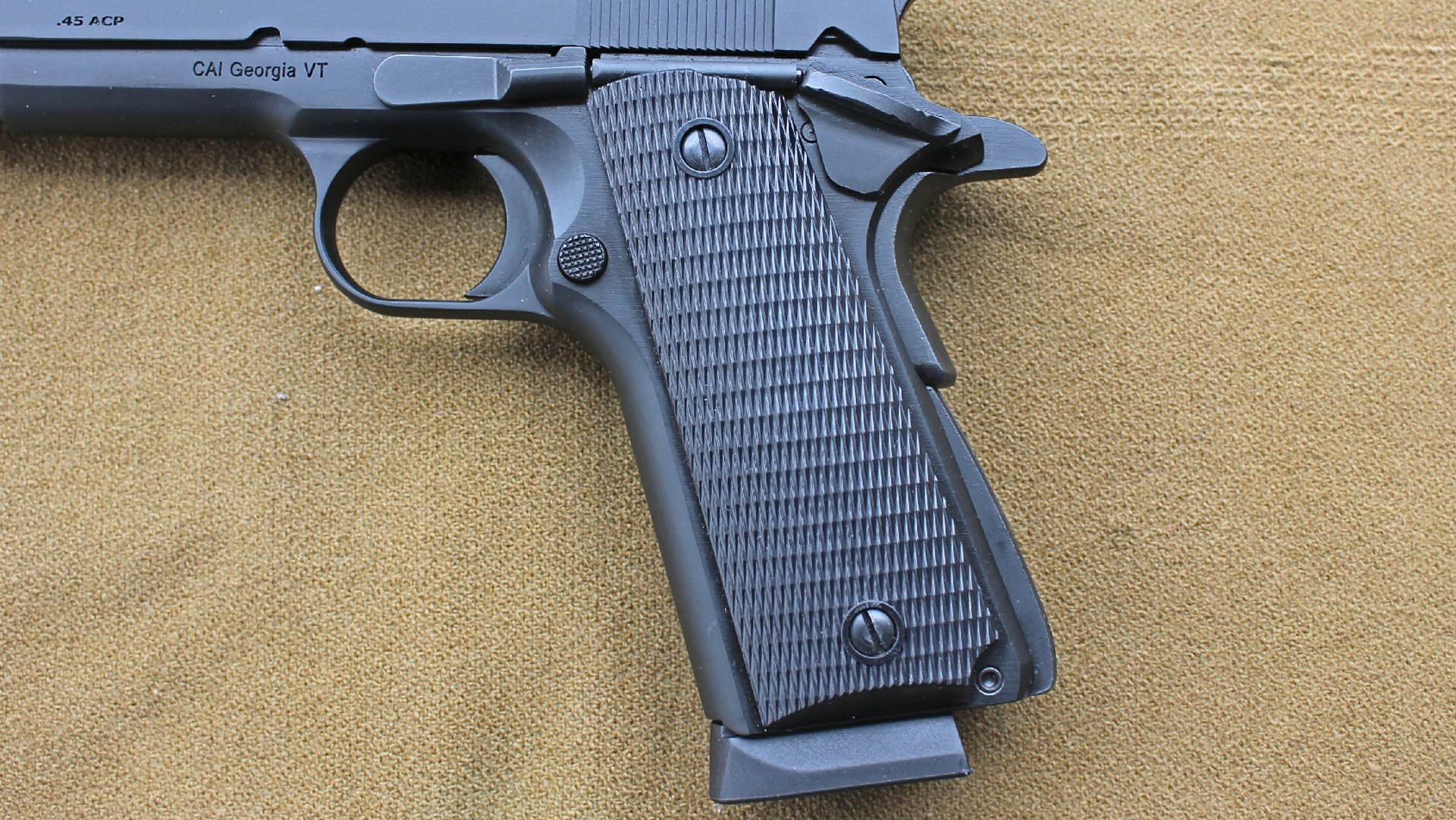 Century Arms Centurion 11 left-side girp closep brown background