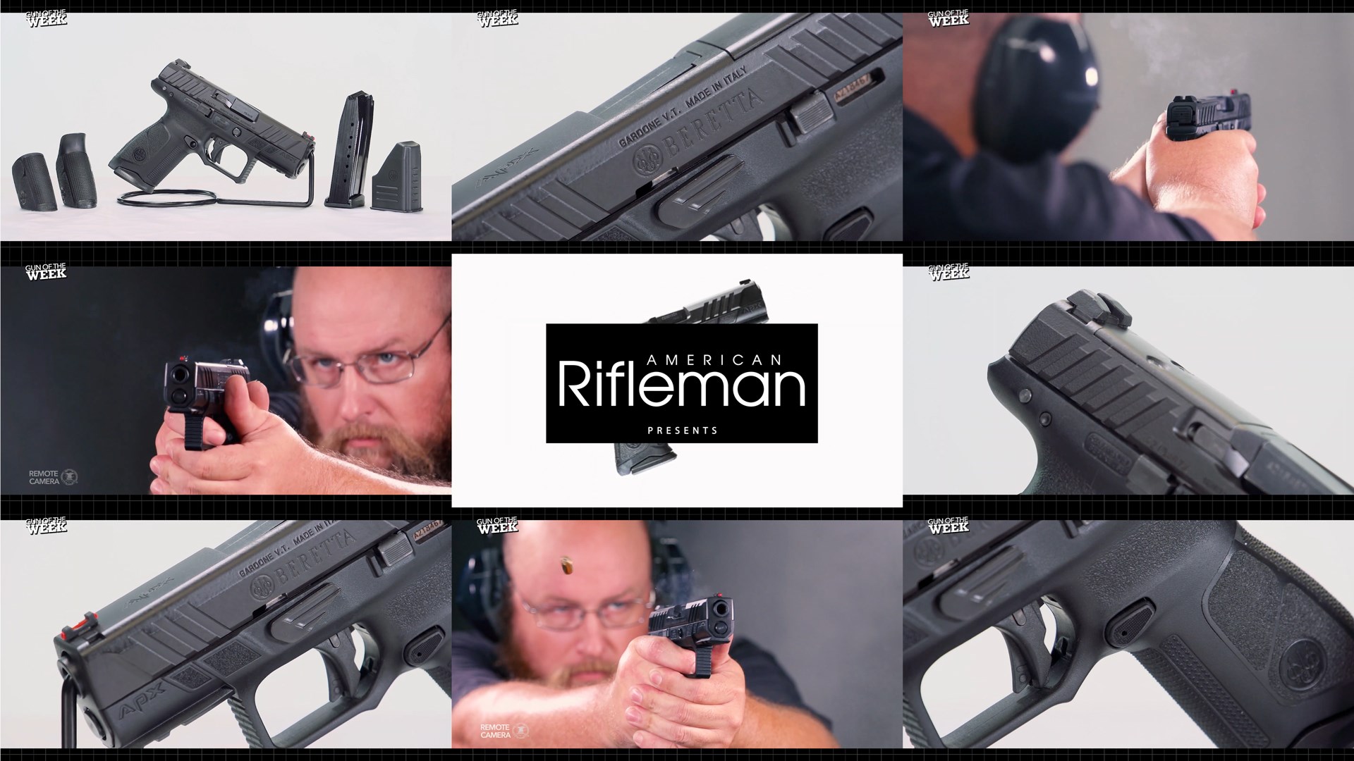 9 images mosaic tiles showing detail images of Beretta APX A1 Compact 9 mm pistol handgun black concealed carry man shooting indoors target range gun