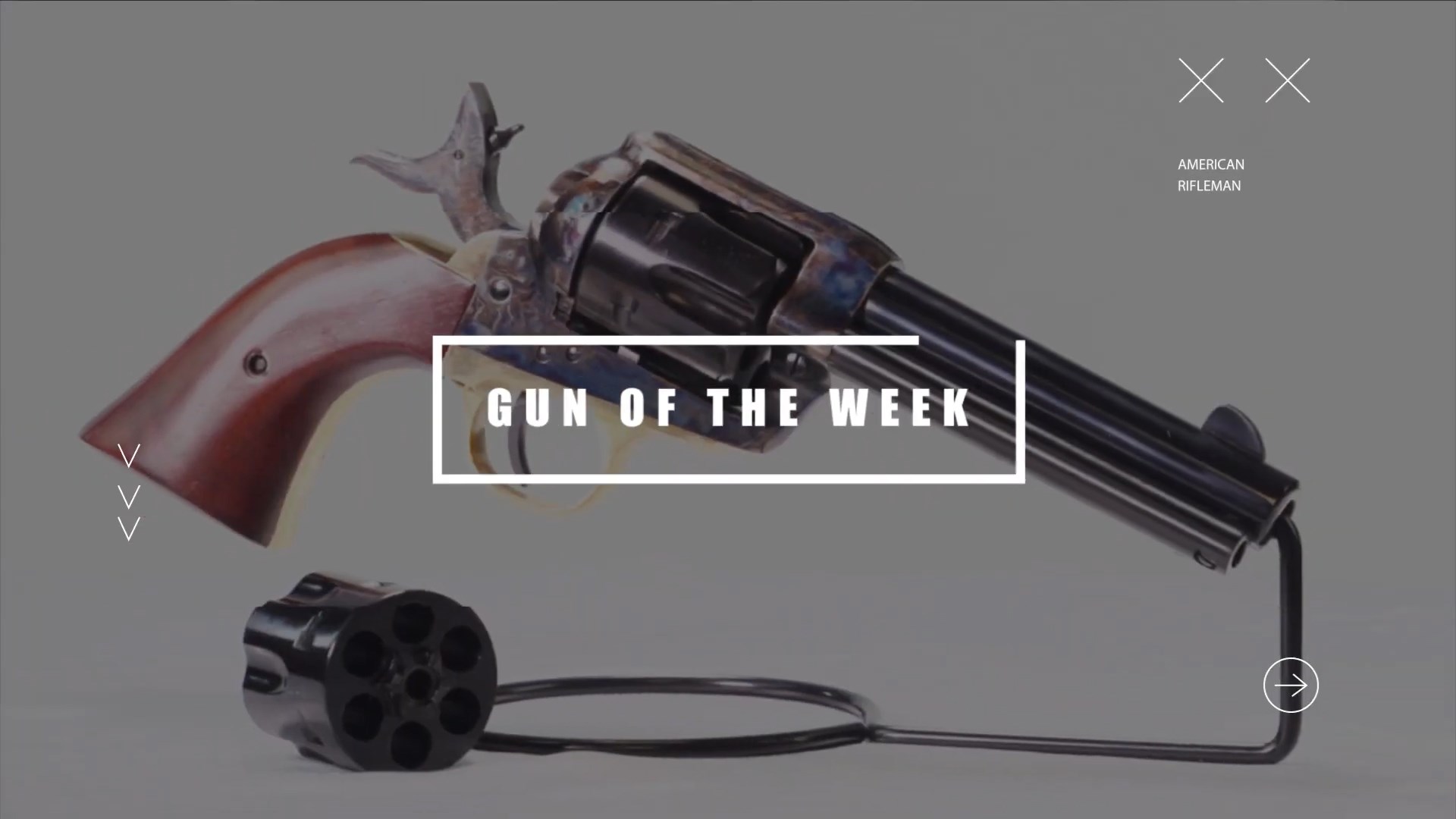 GUN OF THE WEEK title screen text box overlay right-side revolver single-action pietta 1873 davidson's exclusive offering on stand with convertible cylinder