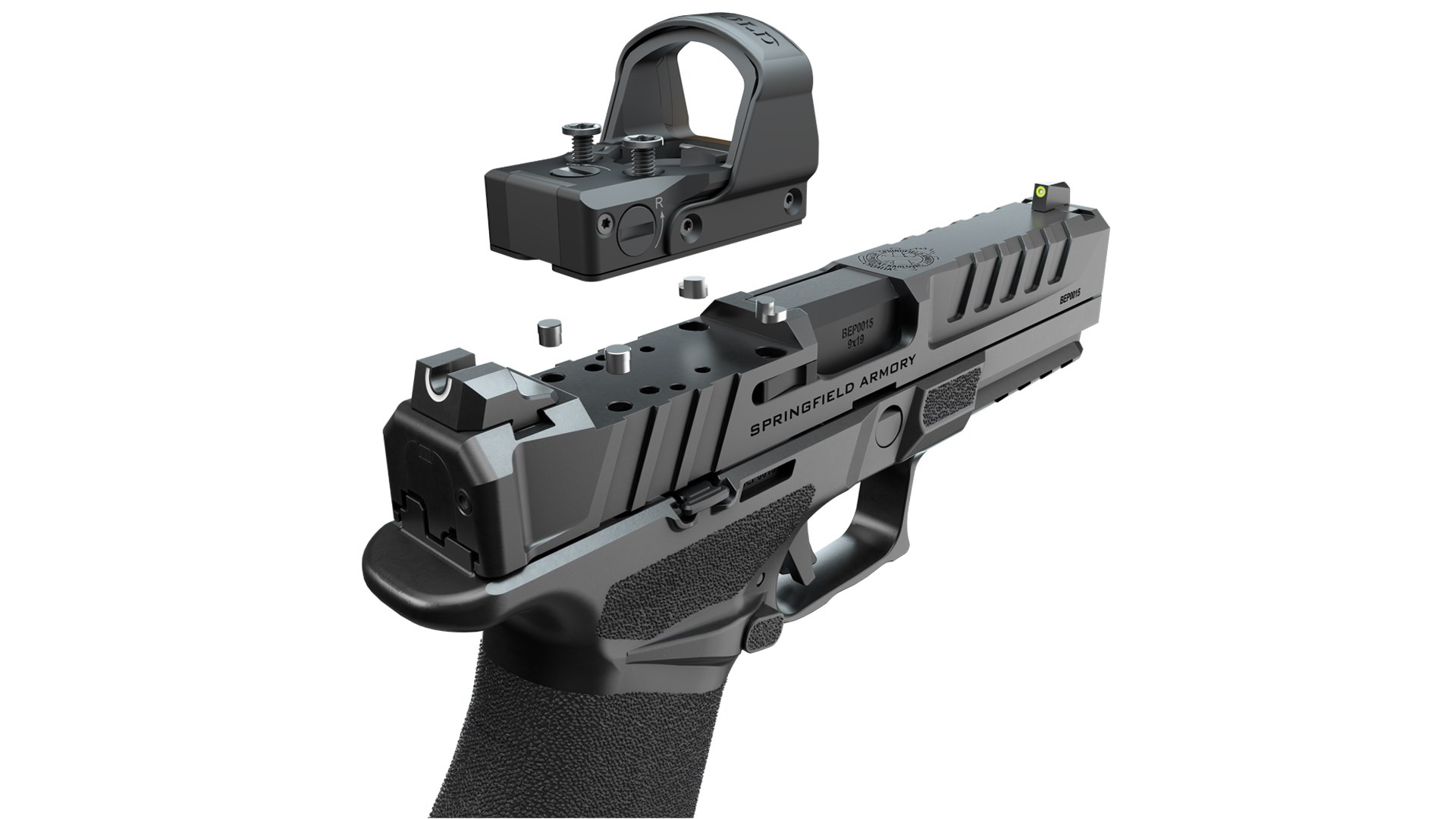A red-dot optic floating above the Springfield Armory Echelon VIS optics-mounting system.