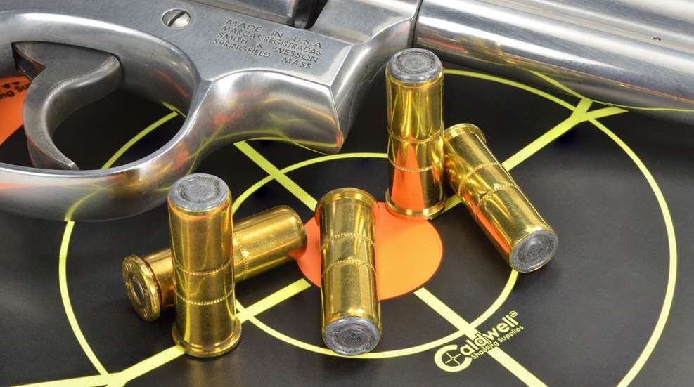Wadcutter .38-cal cartridges brass ammo standing laying on caldwell black orange green target shown with stainless steel smith & wesson revolver full underlug