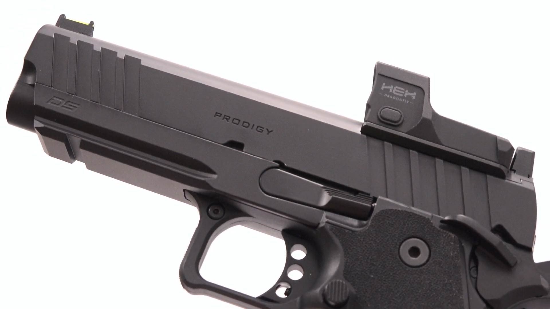 Left-side view Springfield Armory Prodigy handgun pistol 9 mm black gun Hex optic