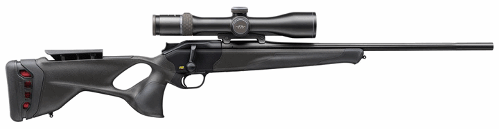 Right-side view of a Blaser rifle with scope shown on white background.