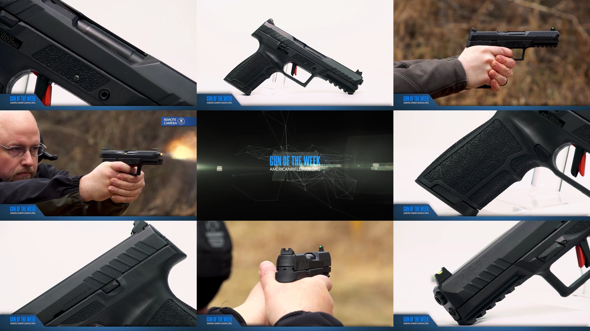 GUN OF THE WEEK AMERICANRIFLEMAN.ORG text on image arrangement tiles 9 screenshots compilation men shooting Tisas PX-57 pistol in 5.7x28 mm FN studio stocks details closeups of gun parts angles