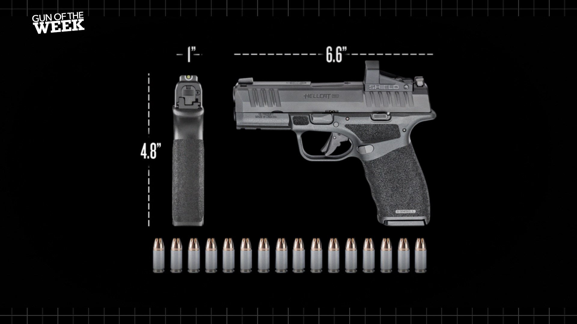 GUN OF THE WEEK text on image showing pistol size and magazie capacity
