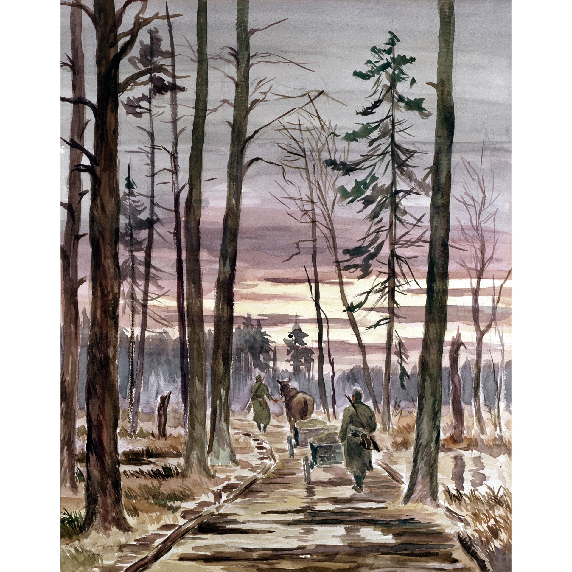 From a German wartime painting by G. Vorhauer, in the US Army Artwork Collection, the perfect environment for ambushes: Germany’s supply lines in Russia were long, lonely and difficult to defend. NARA