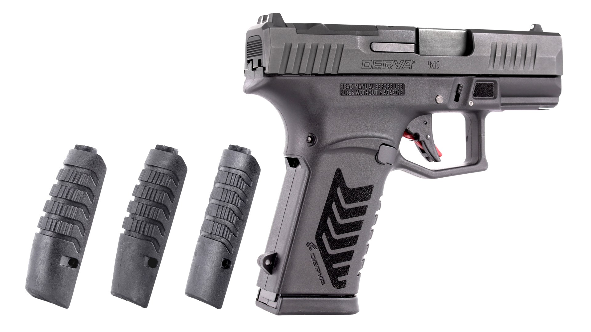 Three interchangeable backstraps positioned next to the Derya Arms DY9Z pistol's frame.