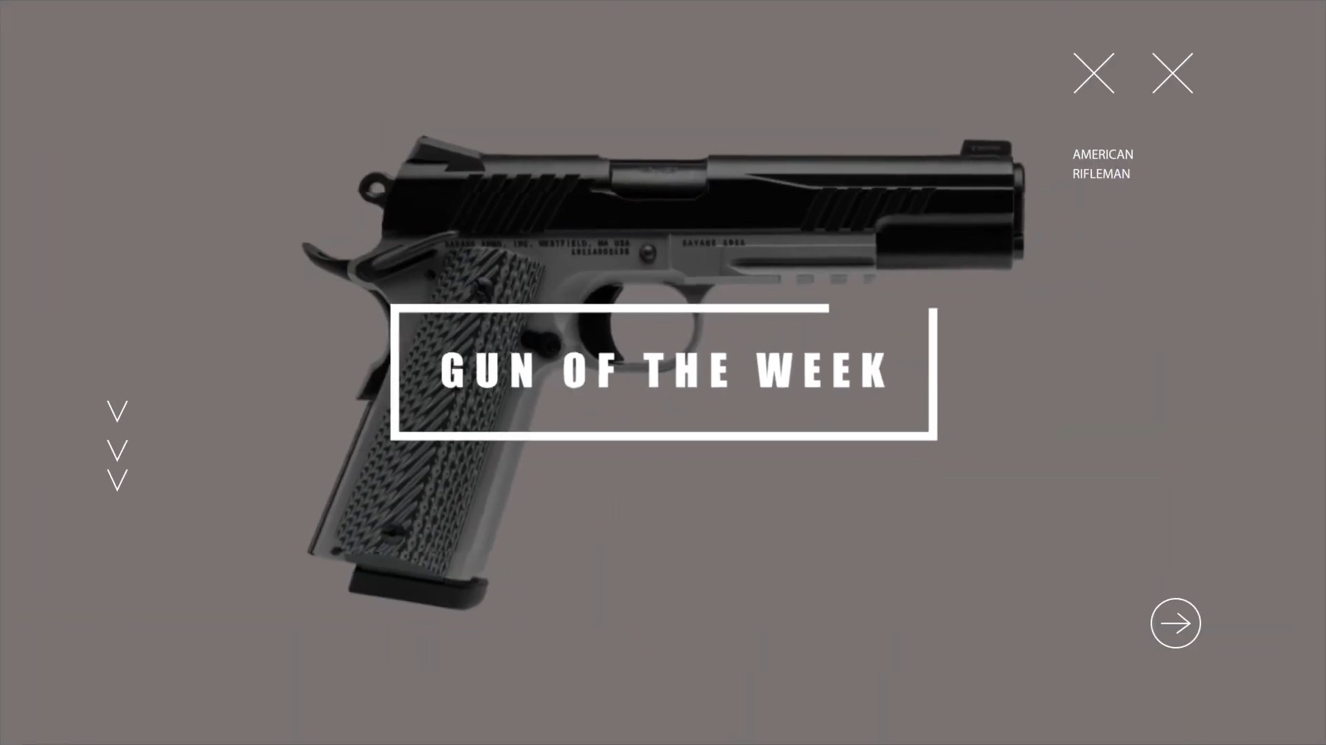 GUN OF THE WEEK title screen text overlay right-side view savage m1911 pistol two-tone black silver