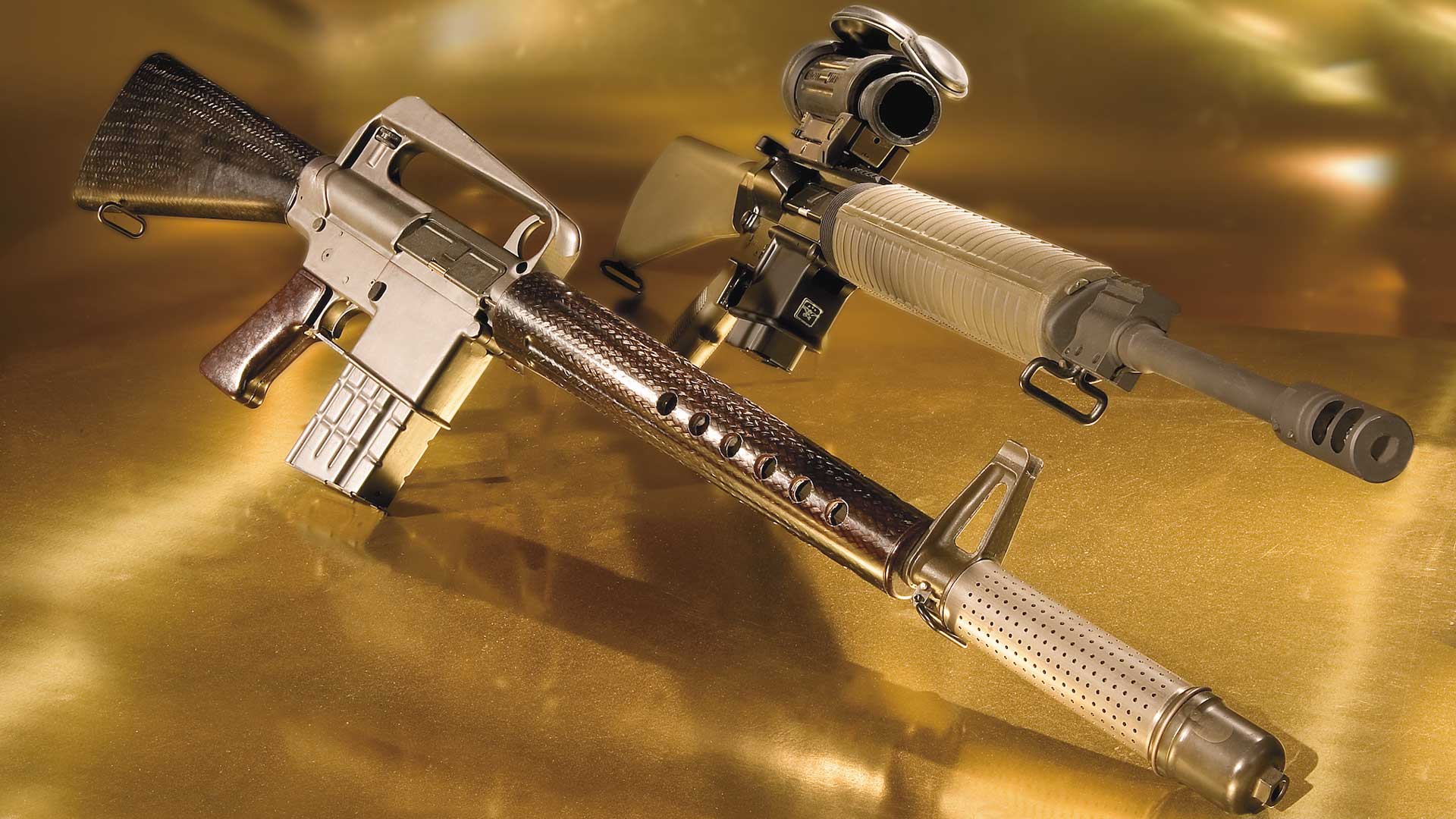 rifles on golden background guns armalite semi-auto carbine .223 .308