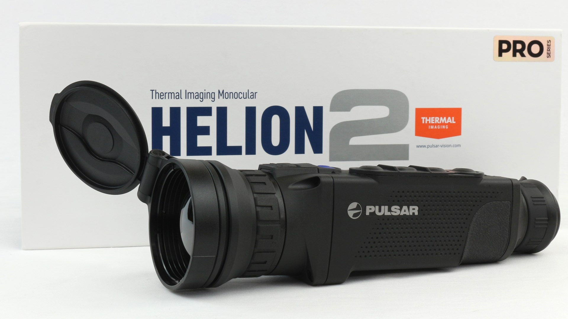 Pulsar Thermal Spotting Optic Helion 2 white box black electronic on white background