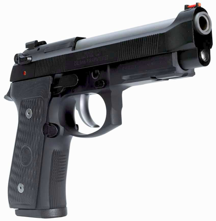Right side dynamic view black gun pistol handgun dark stainless steel