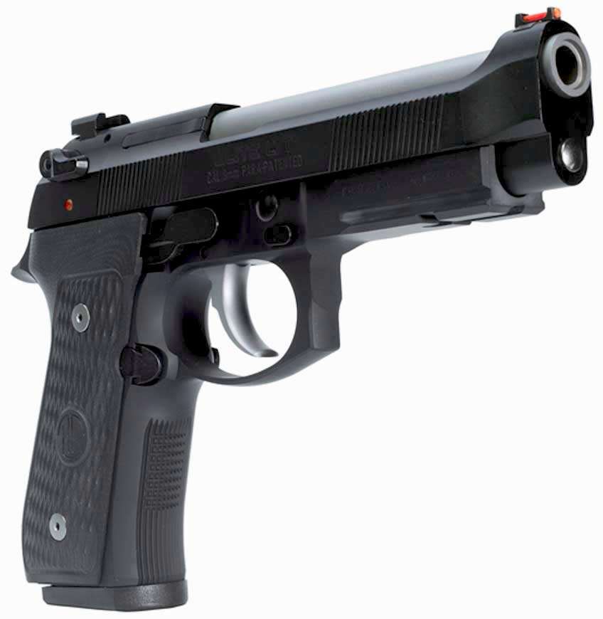 Right side dynamic view black gun pistol handgun dark stainless steel