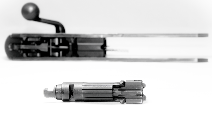 Bolt and bolthead of a Blaser R8 rifle shown on white background.