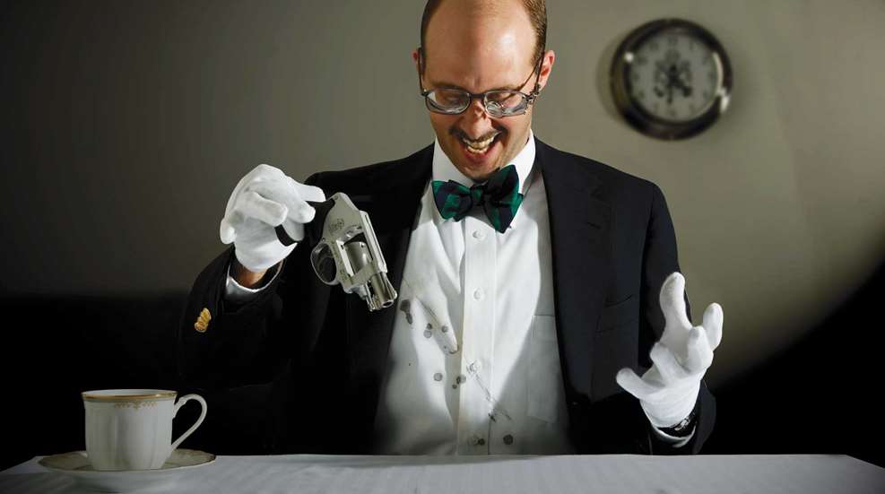 man suite black white gloves silver revovler clock tea cup table