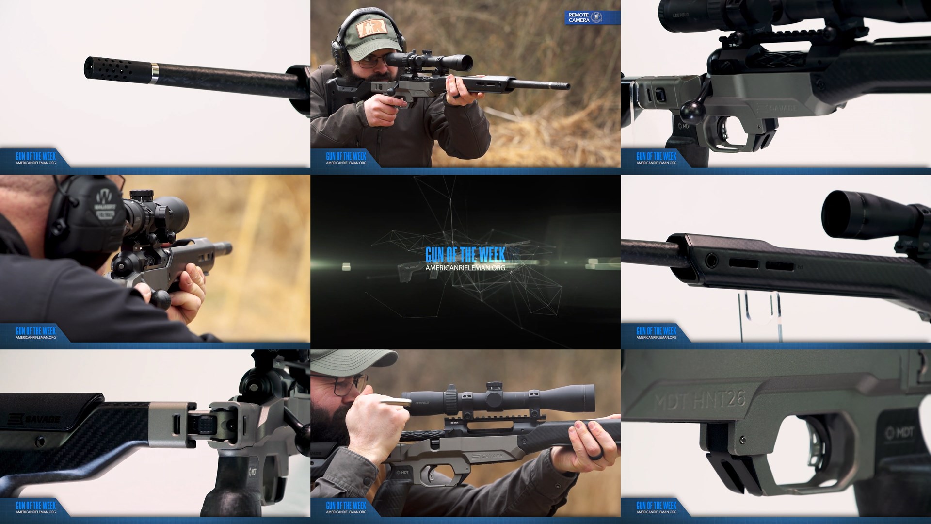 Savage 110 Ultralite Elite bolt-action rifle detail images compilation mosaic tiles man outdoors shooting gun carbon fiber barrel MDT HNT26 chassis