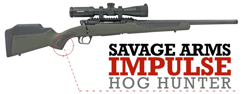 Green rifle right side with black optic and text on image noting make and model &quot;Savage Arms Impulse Hog Hunter&quot;