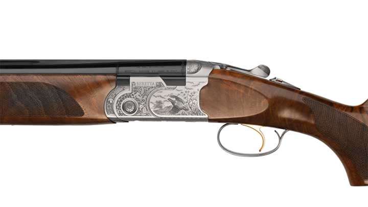 The 2.5 walnut stock and forend of the Beretta  687 Silver Pigeon III with checkering and gloss finish.
