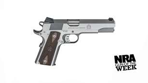 Springfield Armory Garrison M1911 stainless steel pistol right-side view NRA GUN OF THE WEEK logo