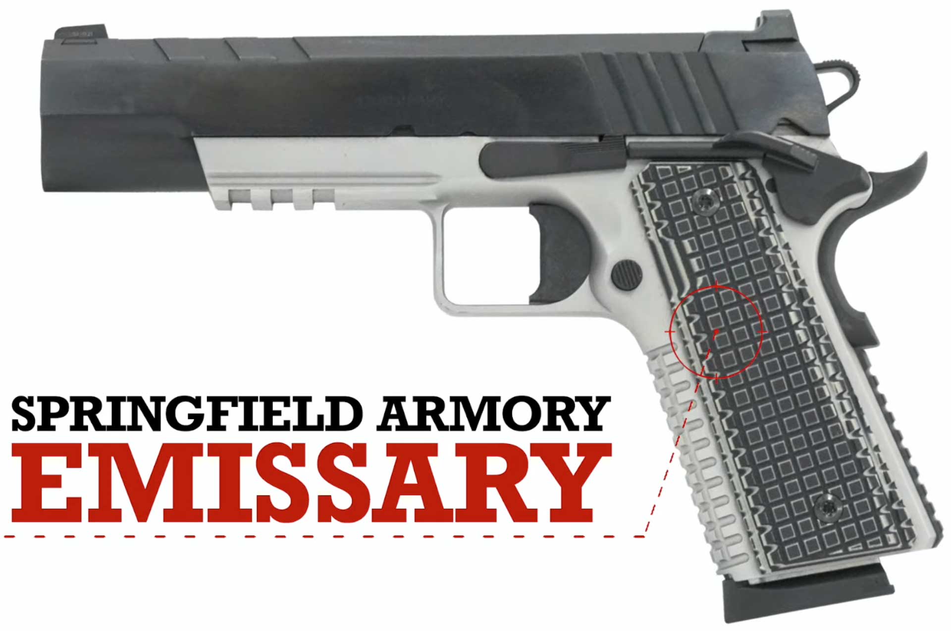 left side hangun pistol two-tone black silver text on image noting "Springfield Armory Emissary"