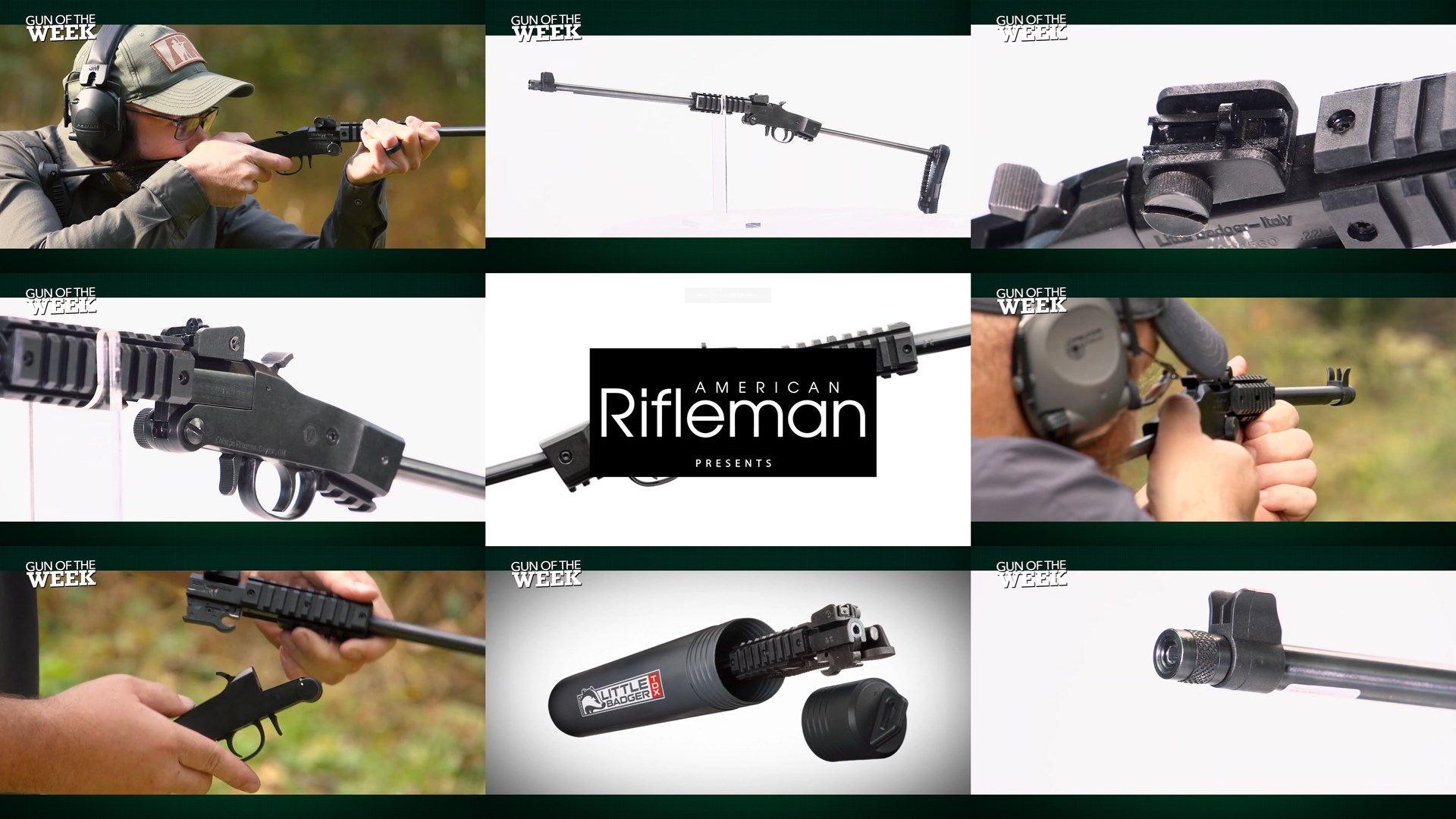 AMERICAN RIFLEMAN PRESENTS GUN OF THE WEEK text on image tiles arrangement nine images of men shooting gun