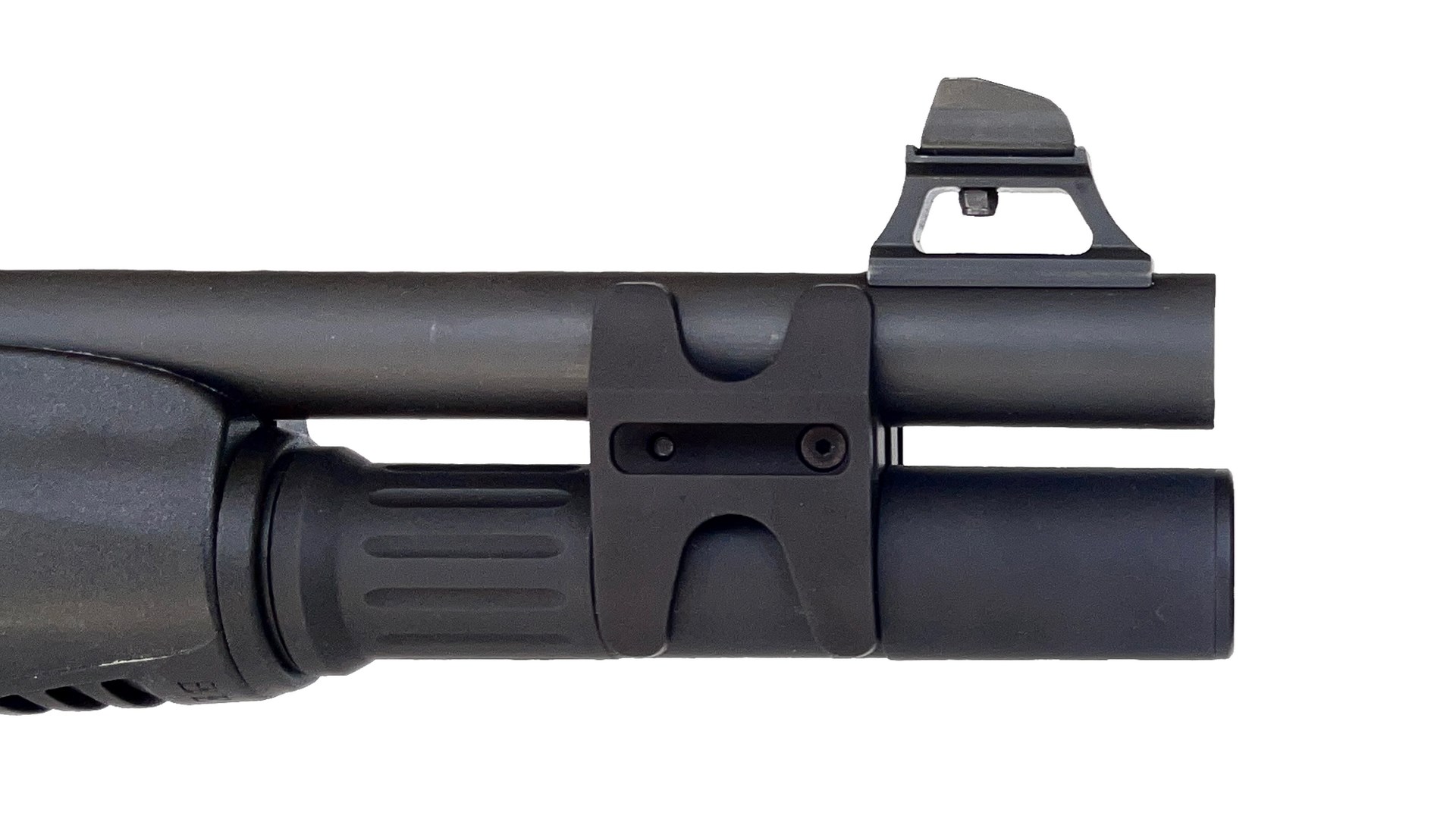 Nordic Components +2 magazine extension black metal tube clamped to Beretta 1301 Tactical shotgun barrel right-side view