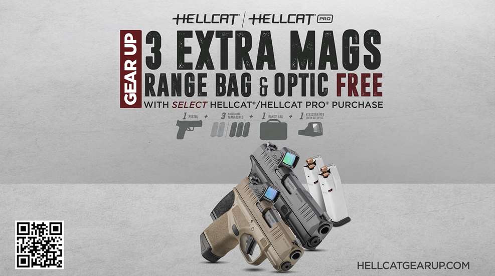 Springfield Armory Gear Up Promotion shown with Hellcat pistols magazines QR code and information text