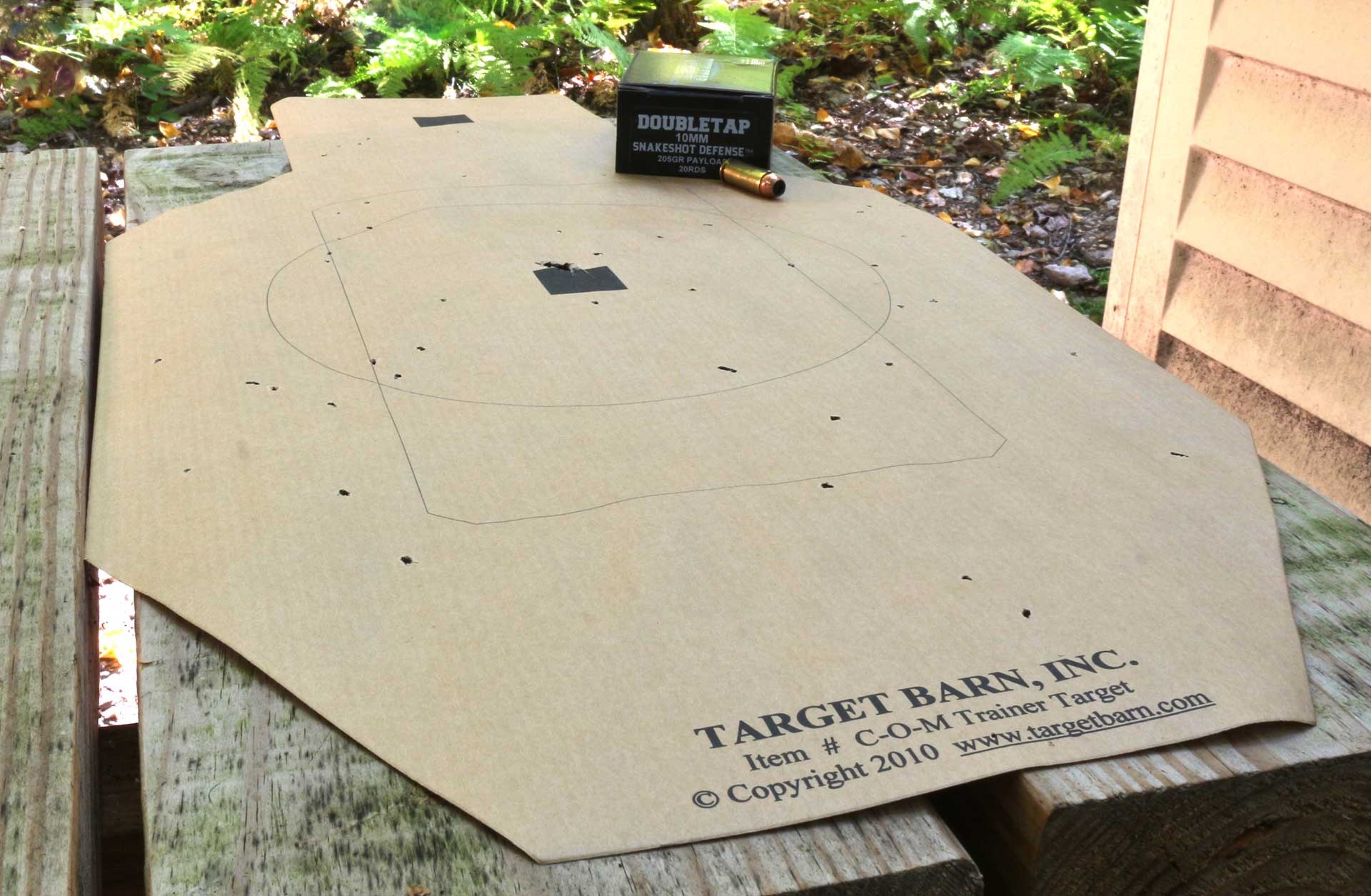A cardboard target showing impacts from a DoubleTap SnakeShot Defense payload.