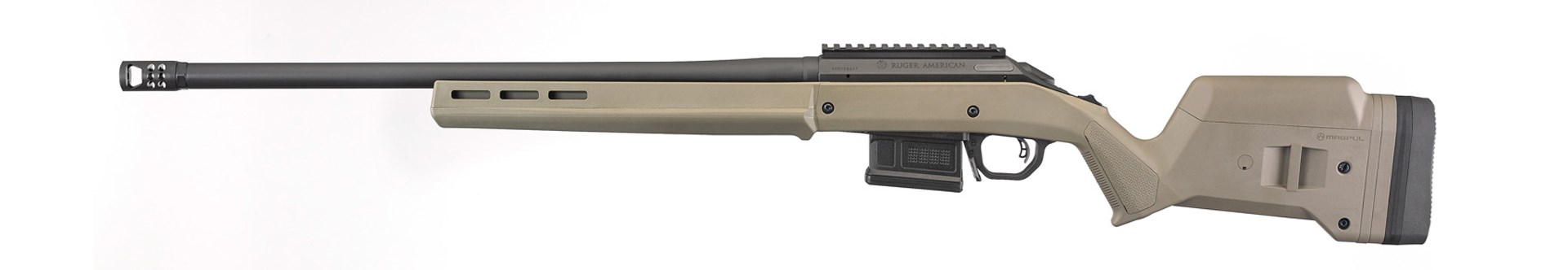Left-side view of Davidson's Exclusive Ruger American Hunter bolt-action rifle flat dark earth color magpul hunter stock black barrel black action shown on white background
