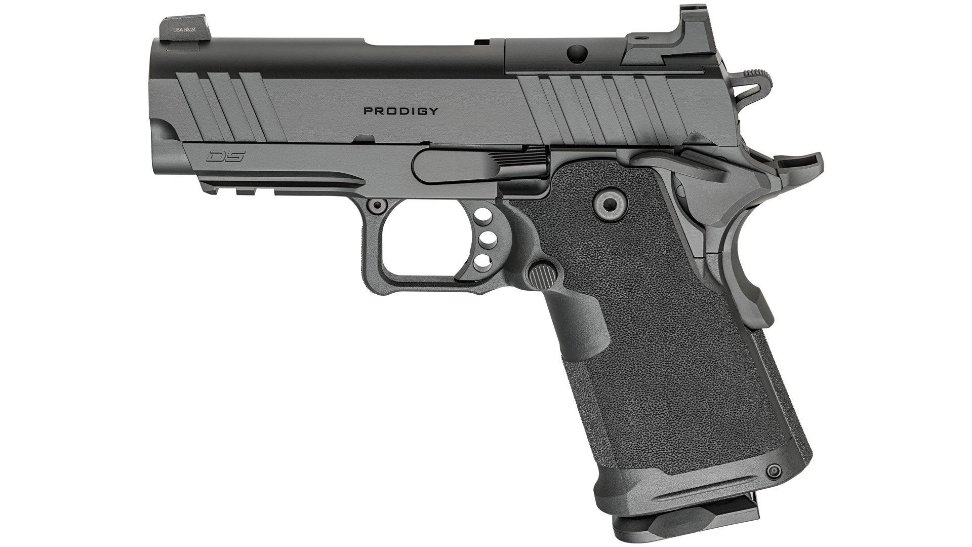Springfield Armory Prodigy 1911 DS Compact 3.5" AOS pistol left-side view black gun on white background